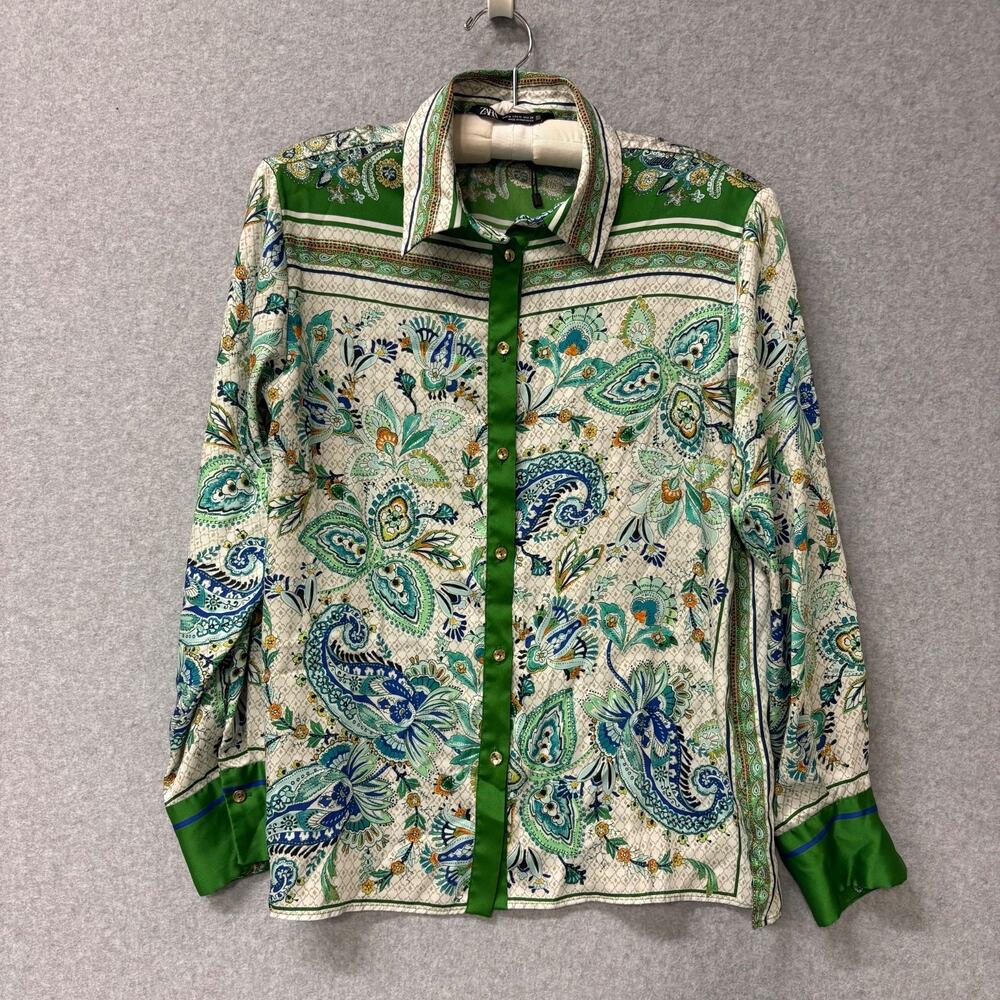 Zara Paisley Satin-Effect Blouse Green Blue Cream Button Shirt Woman’s Medium